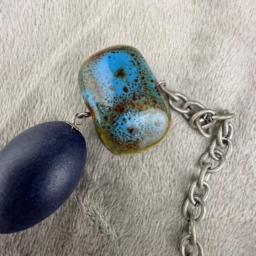 Estate Jewelry Set Blue Necklace Clip On Earrings Geometric Layered 34